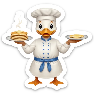 A chef duck wearing a tiny apron, flipping pancakes confidently. sticker