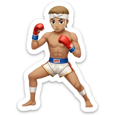 ​Cinematic Realistic Traditional Muay Thai Fighter such as Buakaw Banchamek, depicted in authentic attire featuring white bandaged gloves wrapped around his fists, a traditional headband tied neatly, and classic Muay Thai shorts, captured in a dynamic fighting stance under dramatic, high-energy lighting that highlights the raw power and elegance of the art, sticker