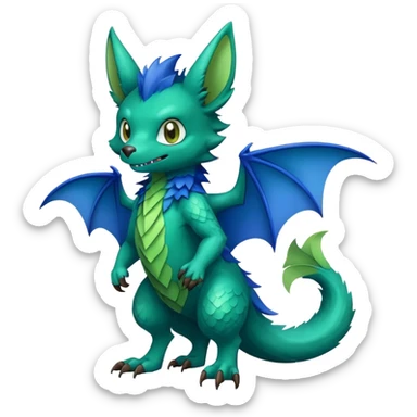 Cute cool fantasy animal hybrid bat-Sergal-Digimon-Fakemon full body, green scales, brown eyes, blue feathers sticker