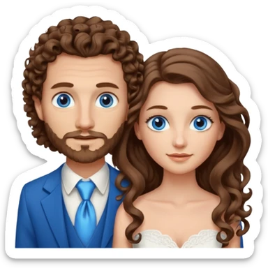 wedding couple, woman has very long and lightly curled brown hair and blue eyes, man has short light brown curly hair and facial hair with blue eyes sticker