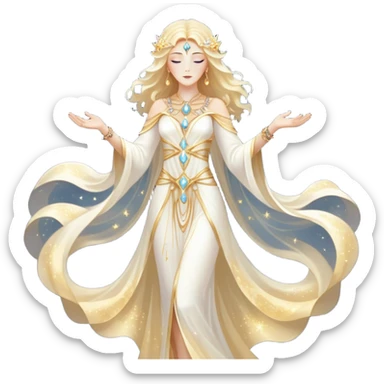fullbody universe goddess Sophia, Ethereal Light Being, Made of starlight and fractals, Glowing white/gold skin with flowing translucent robes, Hair like galaxy mist, Jewelry made of stars and crystals sticker