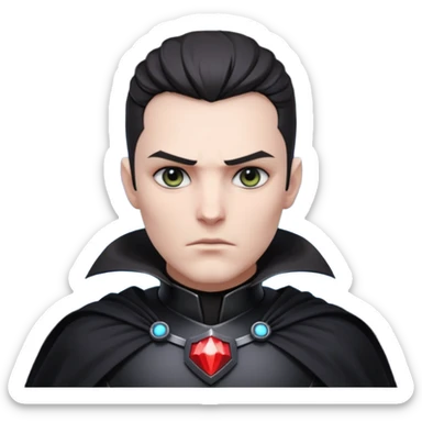 dark sci-fi villain portrait, head and shoulders only, black armor, cape collar, intense eyes, dramatic lighting, 3D cartoon, mobile game icon, clean background, no text
 sticker