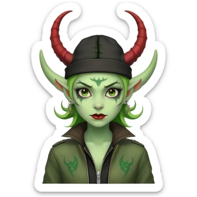 green girl demon with tattoos, hat, jacket and horns sticker