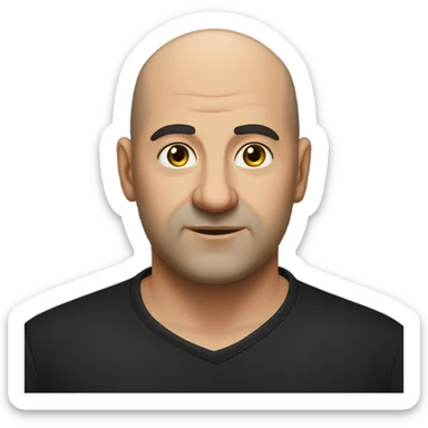 A slightly overweight middle-aged Italian man with olive-toned skin with bald hair and no facial hair. He is wearing a sleek black smart shirt, casually unbuttoned at the top. sticker