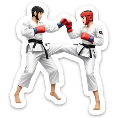Two taekwondo fighters in traditional white doboks with black belts compete in a dynamic match. One delivers a high kick, while the other blocks using their knee. The background features a professional arena with bright lights and spectators. Transparent background. sticker
