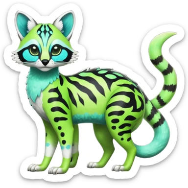 Rare realistic iridescent neon lime-green & cyan white black lush tropical exotic edgy epic pretty beautiful handsome gorgeous aesthetic colorful vibrant Vernid-Protogen-Primagen-Wickerbeast-Genet-Trico-species-Fakemon-hybrid-creature by LiLaiRa, beautiful intricate markings, full body sticker