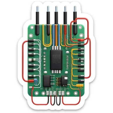 An icon featuring a circuit board, electrical wires, symbolizing electrical engineering. The design includes resistors, capacitors, and a power transformer, representing the study of electrical systems and innovation. Transparent background highlights modern electrical technology sticker