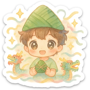 cute chibi boy with sparkling eyes, rice dumpling hat, holding a mini zongzi, surrounded by dragon boats, ribbons, star sparkles, pastel watercolor, fluffy soft lines sticker