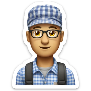 school teacher u rad from ussr in a checkered shirt and with a cap on his head and doves and eyes hair short black sticker