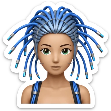3D render of Wire Hair, futuristic cyborg aesthetic, fusion of organic skin and chrome metal, bundle of black and blue ethernet cables styled like hair, emoji style, isolated on white background --v 6.0. sticker