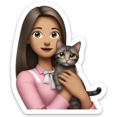 Brunette girl with straight hair in a pink blouse, holding a gray, striped, brown-eyed cat with a bow in her arms sticker