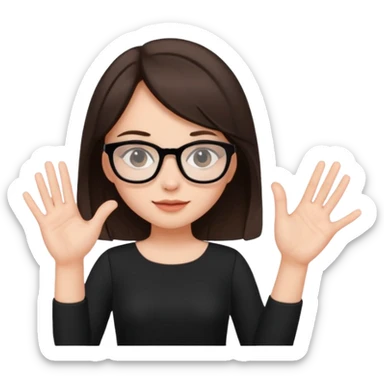 a cute brunette girl in a black dress wearing glasses  with two hands  sticker