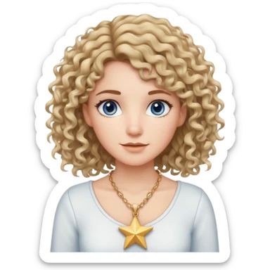 Very white woman, with blue/grey eyes, straight brown hair that is a little bit blonde and the tips are curly, cute white outfit, star neckless sticker