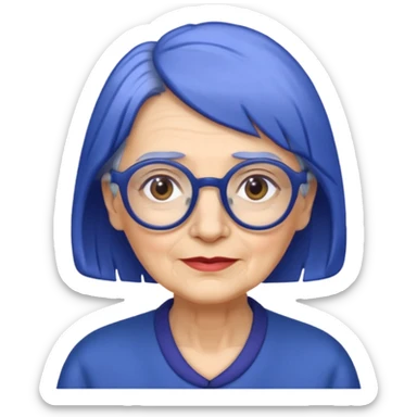 old lady with cobalt hair, wearing glasses, long face sticker