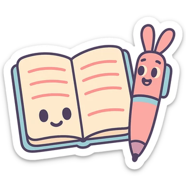 open notebook with a pen with ears, pastel toon style, cute and cartoonish sticker