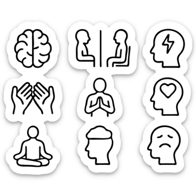 Mental Health icon set. Wellness and psychology related line icons: brain, therapy, stress, support, self-care, mindfulness, meditation, depression, counseling and emotion . Editable stroke.
 sticker