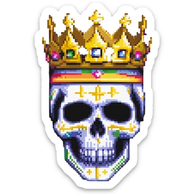pixel art of a colorful skull with vibrant colors, wearing a gold crown and a bright ski mask sticker