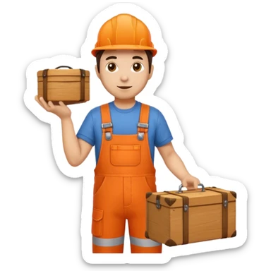 railway engineer, orange overalls carrying a box sticker