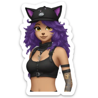 Edgy Beautiful Cool Anthro dark cat-fursona punk techwear fiddler hat sticker