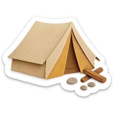 beige camping tent, paper craft style, delicate paper layers, naturalistic pose, realistic fabric texture, logs and stones nearby sticker