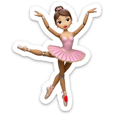 3D render of Ballerina Puppet as a wooden marionette puppet, Wood joints at knees, dancing pose, silver metal screw joints at elbows and knees, polished brown wood texture, rigid toy pose, Apple emoji style, isolated on white background --v 6.0. sticker