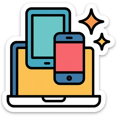 stack of technology devices laptop smartphone tablet with sparkles, representing tech tips, flat modern icon style sticker