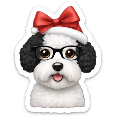 woman-black hair-bow-glasses-bichon dog-sitting-christmas hat sticker