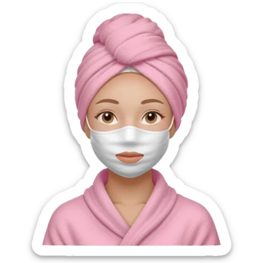Clean girl influencer character, chest-up portrait, wearing a pink towel wrapped around the head, full face facial skincare mask on face, relaxed confident expression, soft glow skin, minimal chic aesthetic, subtle beauty accessories, calm self-care vibe sticker