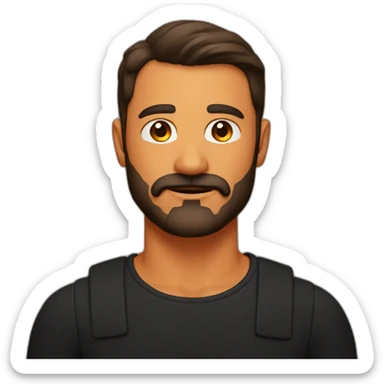Shoulders to head man emoji with dark brown hair and beard with mustache brown eyes wearing black shirt on bright orange background sticker