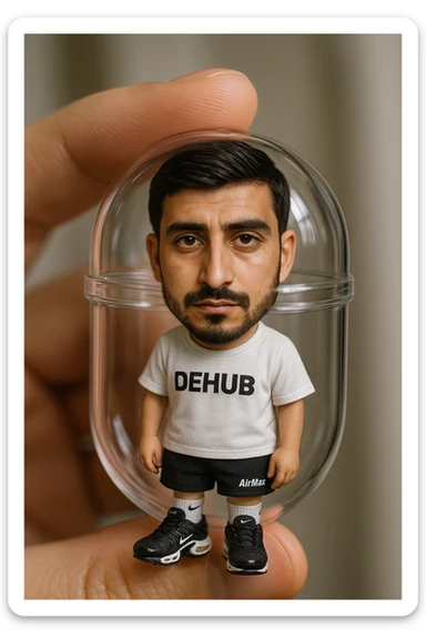 Create a highly detailed, all-glass gashapon capsule held between two fingers. Inside the capsule is a miniature chibi version of the person in the reference photo, with a photorealistic face matching the reference image, life-size chibi style. The chibi wears a white T-shirt with 'DEHUB', black 'Air Max' shorts, Air Max TN shoes, and white Nike socks. Emphasize the realism of the capsule and the collectible charm of the chibi figure inside, blending photorealism for the face and detailed chibi style for the figure and capsule. sticker