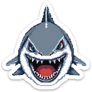 shark with big white teeth shown prominently in a menacing face-on view sticker