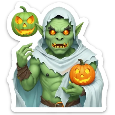 male orc warrior ghost emoji, green skin, tusks, wearing torn white ghost sheet costume, holding glowing jack-o'-lantern, faint blue aura, friendly but spooky expression, Halloween fantasy theme, Apple emoji style, clean white background, square sticker