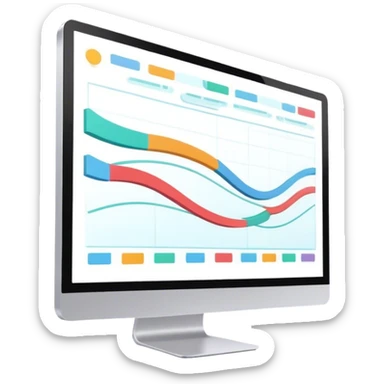 Animation and motion design. A computer screen with an animation timeline, moving frames. Сartoon or animated scene on the screen. Include motion design elements like flowing lines, curves, or rotating objects. Modern, creative colors. No emojis or smiley faces. Transparent background. sticker