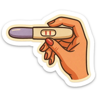 Positive pregnancy test with two lines, held in a neat feminine hand with manicure, pen style as in the second previous variant, retro stickers style, test slightly shorter, soft rounded shapes, expressive contours, vintage color palette, light paper texture, shadows and highlights, transparent background. sticker