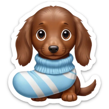 miniature long haired chocolate dapple dachshund puppy holding a sock sticker