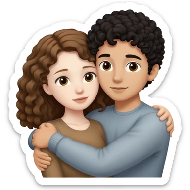 girl with long light brown hair and pale skin hugging a boy with short black curly hair and tanned skin sticker