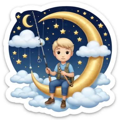 A dreamy night sky with a crescent moon. A boy sits on the moon holding a fishing rod, surrounded by soft clouds and stars. Magical and peaceful atmosphere. sticker