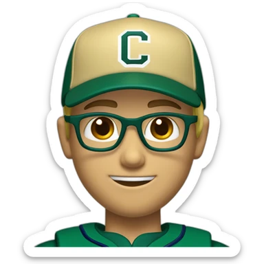 Blonde male short hair with glasses Dark green baseball uniform with hat Blue eyes and with "C" on the dark green hat. make the style slightly 3D with a diagonal angle. Crop from shoulders up sticker