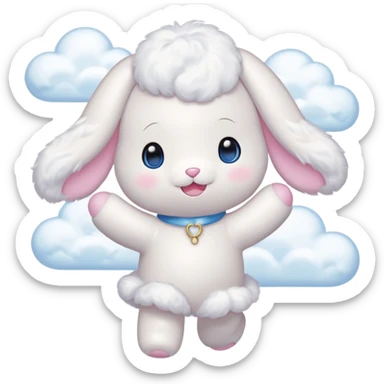 Cinnamon roll from sanrio dancing in the clouds that looks just like him from the cartoon blue eyes pink cheeks white body and filled with cuteness sticker