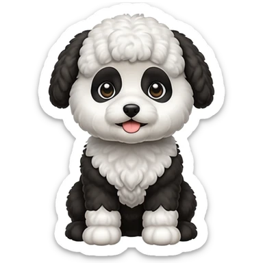 Petit chien style emoji (bichon frisé), poil bouclé noir/gris, ventre et bout des pattes blancs, yeux marron foncé brillants, assis avec la langue sortie, expression adorable. sticker