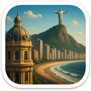 cinematic realistic emoji of Rio de Janeiro featuring majestic ornate architecture with lifelike detail and bright lighting, showing the majestic vista of the skyscraper-lined beach up to the mountain with the landmark Christ the Redeemer statue on top, using accurate colors sticker