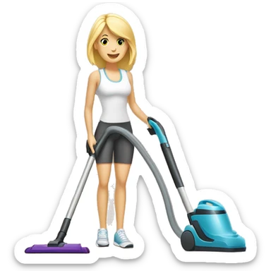 Blonde Caucasian woman vacuuming while wearing athletic wear sticker