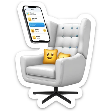 smartphone at an angle in foreground showing armchair product page on screen, with sparkle emoji sticking out on the left side sticker