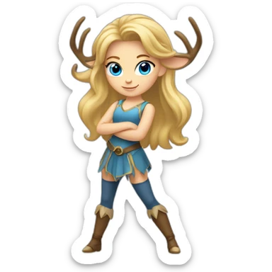 blonde girl dancer with blue eyes, take one big horn of deer in her right hand. Show full body of girl. sticker