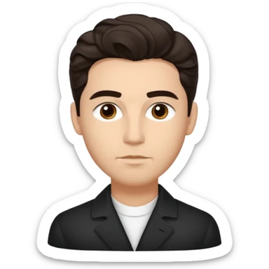 He’s a man with light to medium skin, a defined oval face, full brows, deep-set eyes, and wavy short dark brown tall tall hair styled with height, sides are trimmed. expression calm and focused relaxed black open-collar .polished, articulate, and coach vibe. sticker