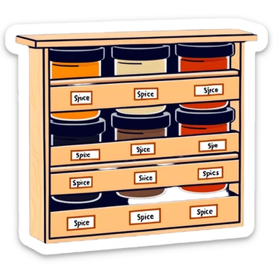 A wooden spice rack with various labeled jars of spices sticker