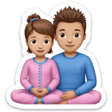 A smaller toddler girl with brown hair with her hair up, wearing pink pajamas and a bigger 4 year old boy with spikey brown hair, wearing blue pajamas. Both light skin and smiling.  sticker