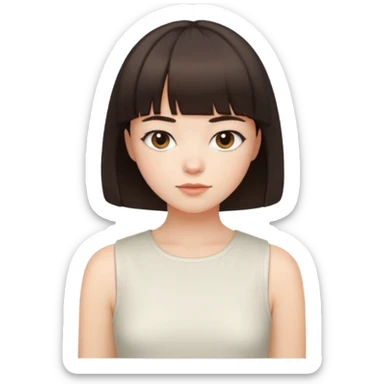 a short bob with bangs and dark brown hair. They have a calm expression, fair skin, and wear a sleeveless white cropped top sticker