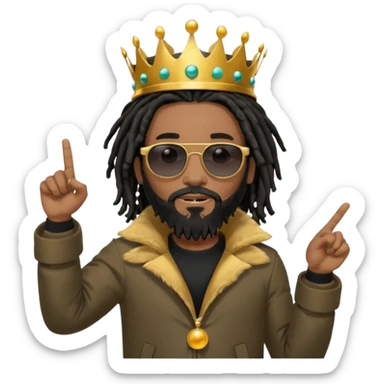 African American man with shoulder length black dreadlocks with black beard wearing black sunglasses wearing Crown on his head wearing a black bubble mens winter coat pointing to himself sticker
