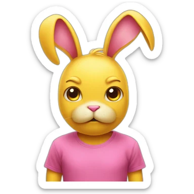 Pink rabbit frowning, wears yellow teeshirt sticker